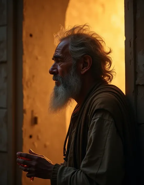 The honey seller standing outside the door with tears in his eyes, overwhelmed with emotion. The soft glow from the prayer room illuminates his face. (9:16 ratio)
