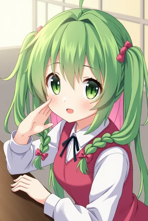 Mitsuri Kanroji,  Mitsuri Kanroji , Braid, Hair Color Highlight , (Green eyes:1.5), Green hair, Long hair, mole,  Buttons under the eyes , Multi-colored hair, Pink hair, twin Braids, Two-tone hair, 1 girl,  alone, Upper part, Koyuki , vest,mole in her face...