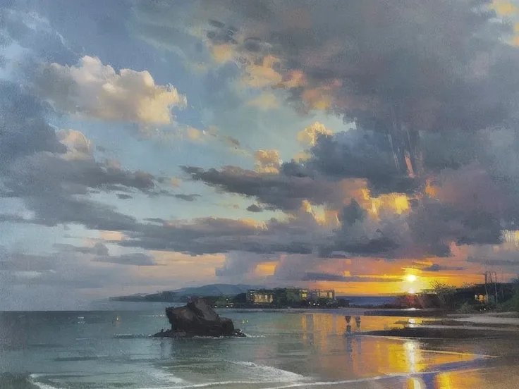 Masterpiece Artist Landscape Scenery, beach, evening,ใช้คู่สีม่วงและส้มqualityที่ดีที่สุด,  High Detail, quality, 