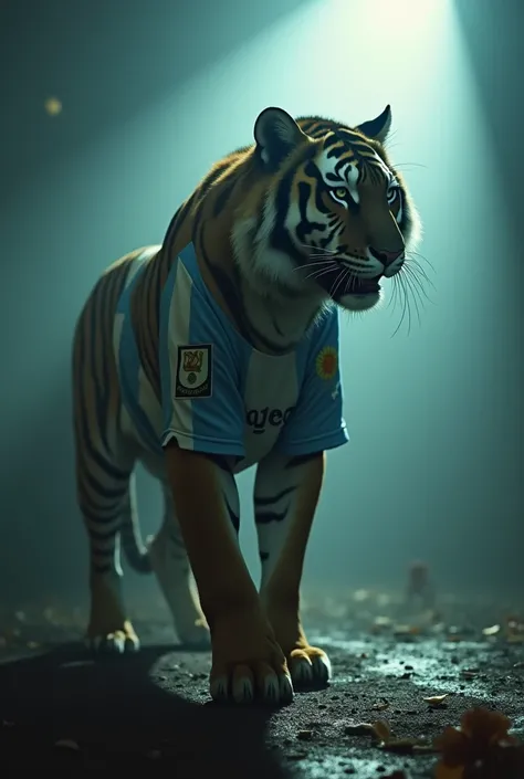 Create a prompt for an image of a atmospheric touch. Sunlight filters hybrid between a tiger and an football carecter messi afa jersey Shadows that heigmen the tension of the encounter. using the same background as before