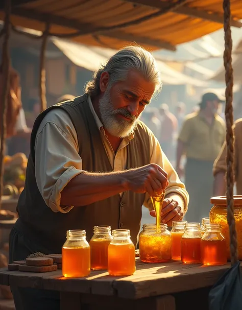 The honey seller sitting at a table with jars of honey, pouring pure honey into bottles with a determined and peaceful expression, symbolizing his change of heart. (9:16 ratio)