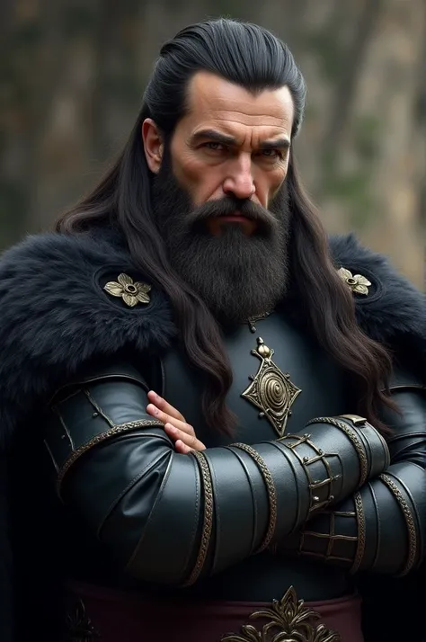 Ertugrul has a strong and mature appearance, wearing ornate black armor that reflects his prestige as a leader. He has long, slicked-back hair and a thick beard, with a sharp, determined look. Its overall appearance suggests strength and experience, with a...