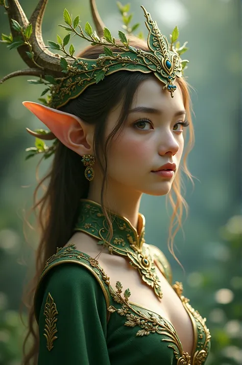 Create a high-fidelity image of a fantasy elf character with distinct elven features, including pointed ears and intricate accessories. The character should wear a crown made of leaves and branches and an ornate outfit featuring a green and gold color sche...