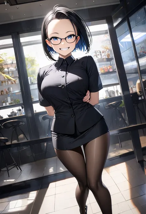 RAWphoto,photorealistic,8k16k,best quality,perfect anatomy,perfect detailed,ultra highres, extremely detailed eyes and face,gleaming skin,shiny skin,1girl,Japanese,black short hair,pixie cut, (wearing glasses:1.3),(parted bangs,forehead:1.2),round face,med...