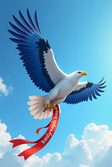 a huge white-feathered, blue-winged giant eagle is clutching a ribbon that says FAMILY SAYAB biru is flying in the clear sky 