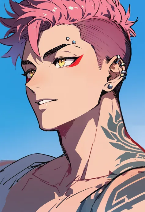 male, strong, tattooed, piercings, short salmon pink hair, shaved sides, yellow eyes, red eyeliner, sketch