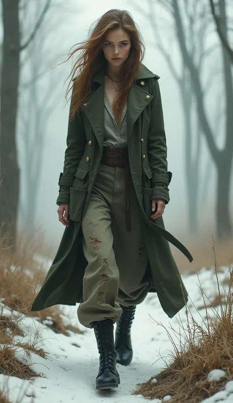 By : Jeffrey T. LarsonInspired by the oil painting style, it depicts a young French woman with beautiful features and messy flowing brown hair, walking on the edge of a quiet and ethereal white forest. She was wearing a dirty, scratched dark green military...