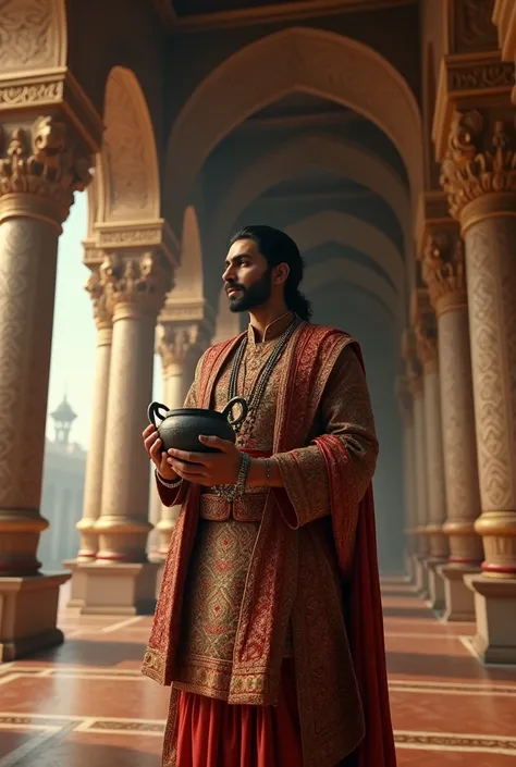  Hindu dharm culture A prince who is inside the palace and is holding an iron mortar in his hand with surprise 
  high graphics background high VFX high quality
In zoom  