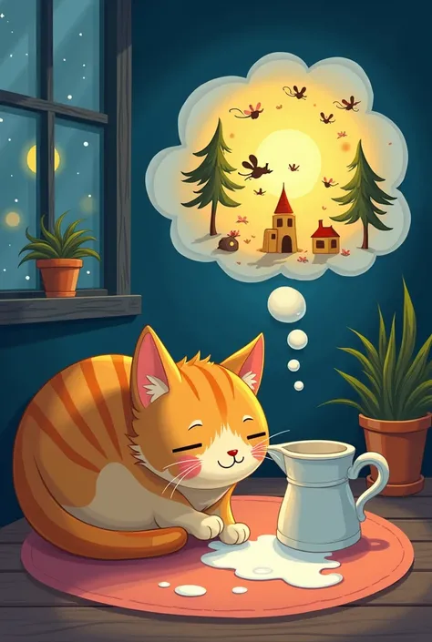 Illustrate a whimsical nighttime scene featuring a cat named Muni dreaming vividly. Show Muni curled up beside an overturned milk pot, with milk spilled on the floor. In her dream bubble, depict a lively mouse village with mice dancing around trees and tin...