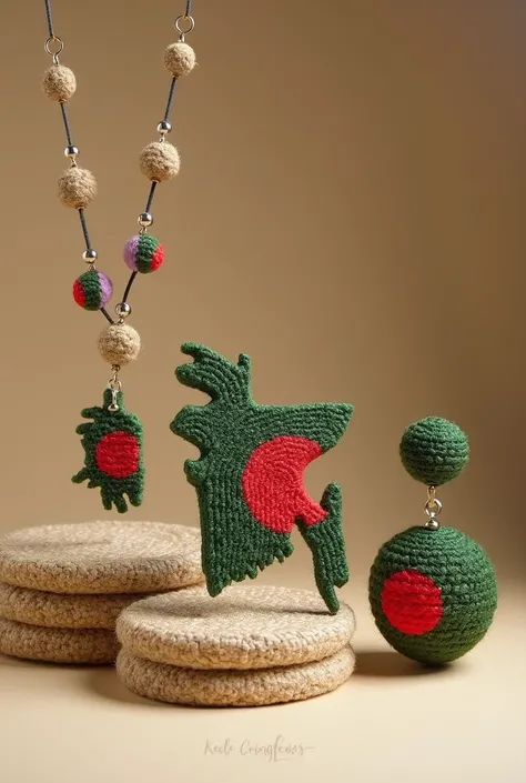 Create an image of jewelry Set designed with Bangladesh map (green & red color) that is made of jute