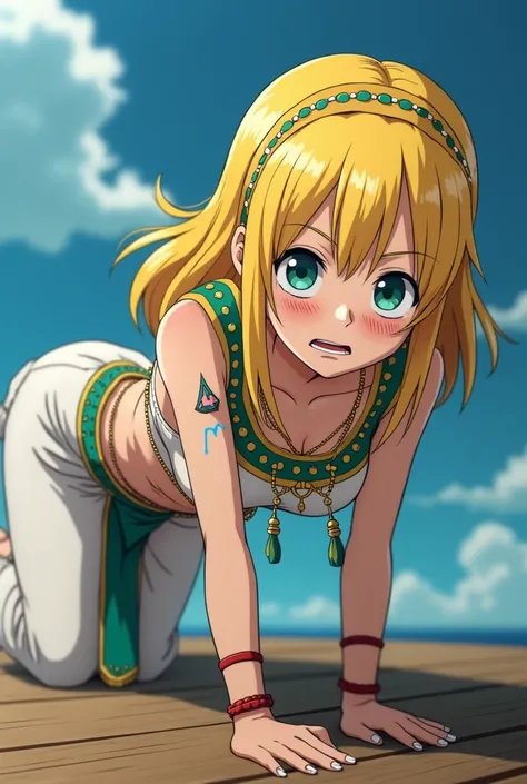 One piece screenshot of a blond girl with blue-green eyes is wearing Egyptian dance attire, she is hurt, has a cold look and is lying on the floor while doing a somersault and she has blue magic on her hands and she is on a boat, she has wounds and scars.