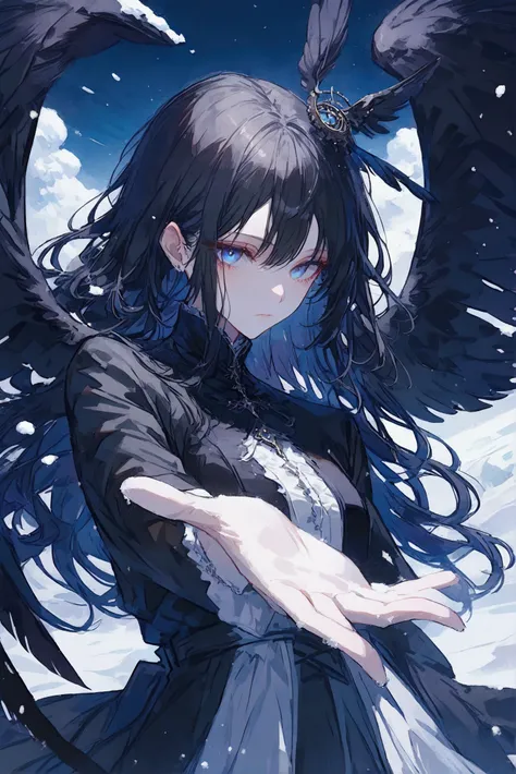 illustration, highest quality, pixiv illustration, very detailed, animated, (((alone)) ((woman))), solo, handsome, detailed eyes and detailed face, mysterious, black hair, blue eyes, black tides, black clothing, lake background, snow, long hair, black wing...