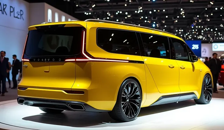 A Sleek And Full HD Realistic 2025 Volvo Motorhome A Yellow Shiny Exterior And Parked In Auto Show And Back View