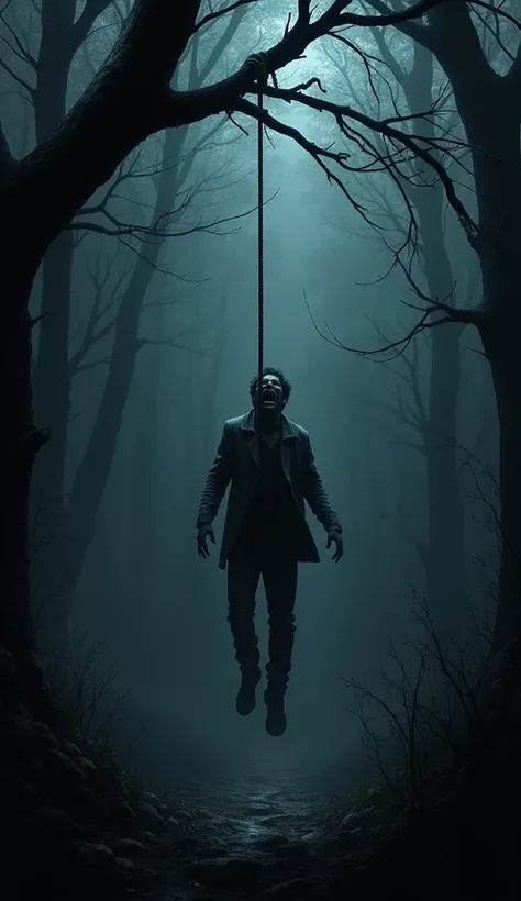 A Man Hanged Up With The Rob In A Tree In The Dark Forest At Night, Looking Very Scared, Hanged 