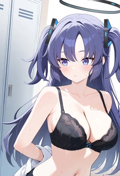 1girl, yuuka(blue archive), blue archive. An illustration of a girl with blue hair and blue eyes. She is wearing a black bra. Shes in the locker room taking off her bra. sensitive, halo, blue hair, blue eyes, breasts, bra, undressing, arms behind back, exp...