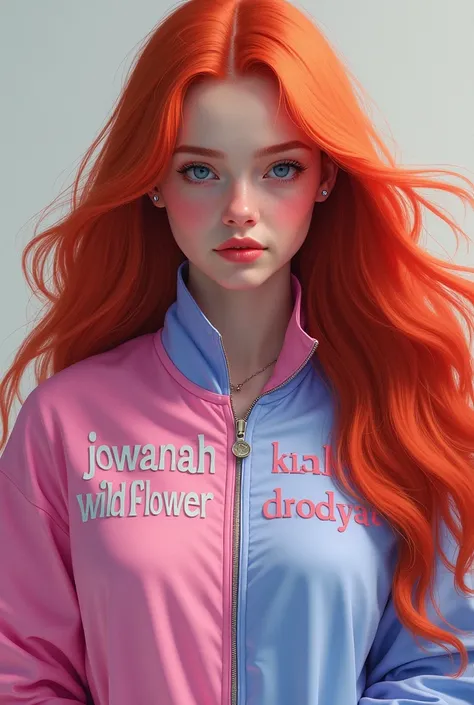 A girl with long red hair and wearing a half light lavander half pastel pink jacket that says “Jowanah WILDFLOWER”