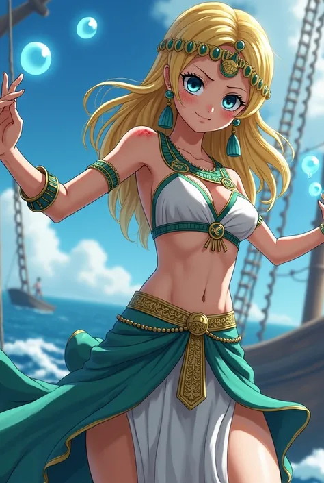 One piece screenshot of a blond girl with blue-green eyes is wearing Egyptian dance attire, shes hurt, she looks cold and does a backflip and she has blue magic on her hands and shes on a pirate ship