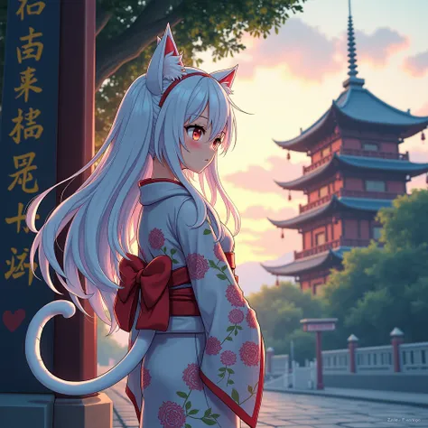 anime illustration featuring a melancholic girl with cat ears, a cat tail and flowing white hair, dressed in a traditional and floral kimono. She stands before an ancient Chinese pagoda, with traditional Chinese characters on a sign nearby, all under a sky...