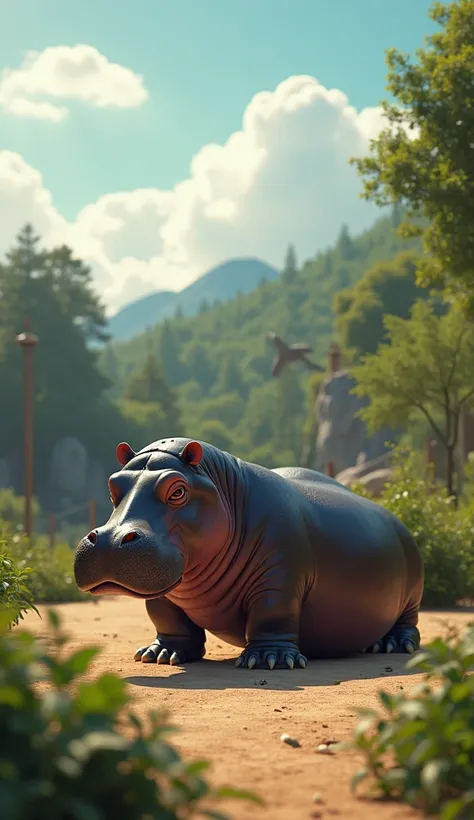 hyper-realistic, cinematic 8k masterpiece. docile hippos kneeling. in the zoo. sunny day