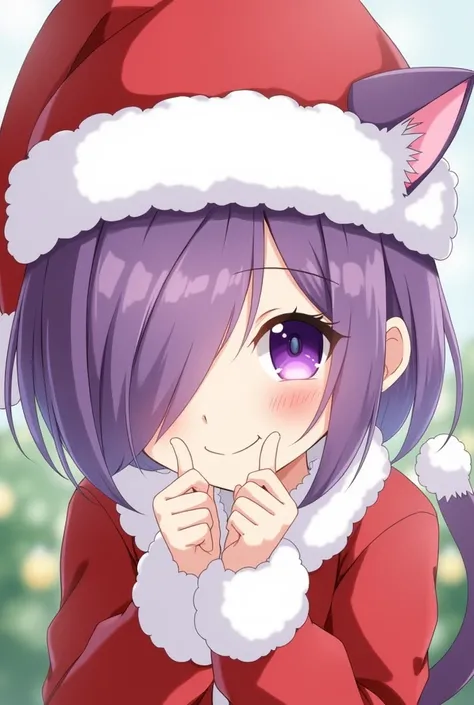 Christmas Santa
purple hair 、 short hair one eye hidden bangs
cat ear、 1 girl,  shortcuts, Hair covering one eye, mesh、 blush,  purple eyes,  smiles,  Blurred Background, Concentrated line,  anime style, Santa hat、キャラクターデザイン, アニメ風, 丸サングラスを上に乗っけてる