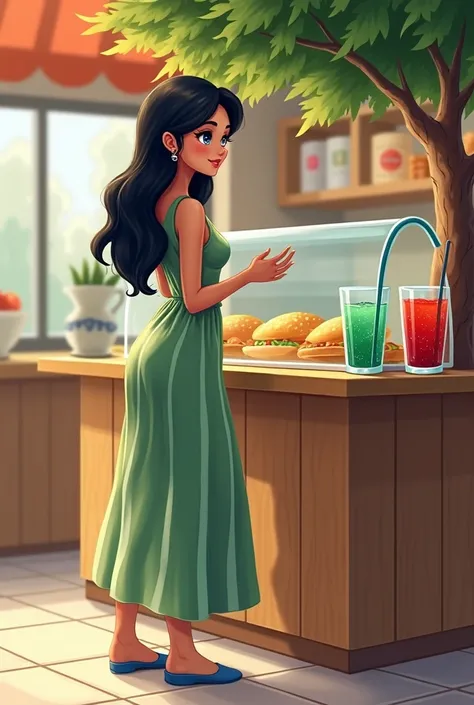 An Indian-looking cashier girl, black hair, blue eyes, in front of the food counter next to it, with a tree and a vase, in the other corner there is a glass of water with two soft drinks, one red, one green, in a green dress, in a white striped dress, a lo...