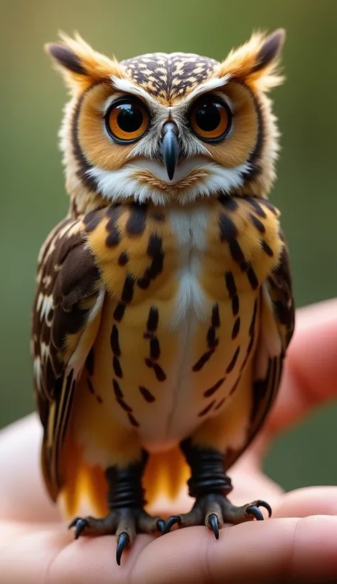 A tiny baby owl with a lean, muscular body, glowing golden feathers, standing confidently on a human hand. The owl wears a tailored gym vest, sleek pants, stylish boots, and aviator sunglasses to complete the look."