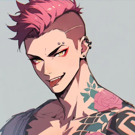 male, strong, tattooed, piercings, short salmon pink hair, shaved sides, yellow eyes, red eyeliner, smirking, tongue out, sketch