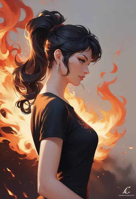 a girls sloppy appearance mulatto with ponytail black hair, fire, black T-shirt, flames, elegant, digital painting, concept art, sharp focus, illustration  