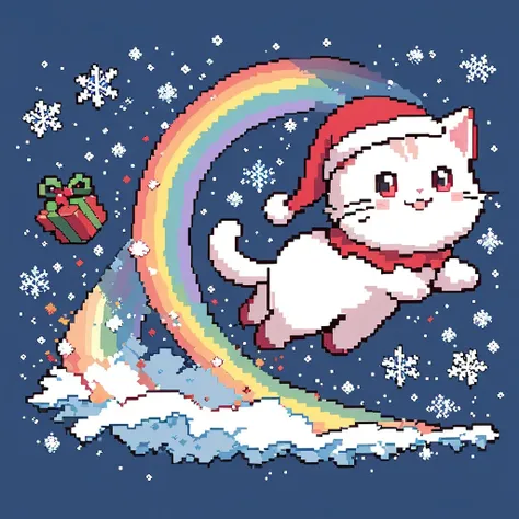 Pixel Art style, Digital Pixel Art, 8-bit illustration, best quality, Christmas theme, cute flying 1cat with Santa hat,solo,running left to right,on the festive green and red rainbow trail,pixelated design, smiling face, blue starry background, snowfall, s...