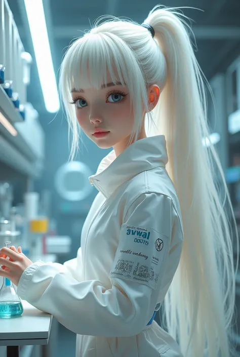  Girl with very long white hair, hairstyle " ponytail ",  chemical clothes . lab assistant 