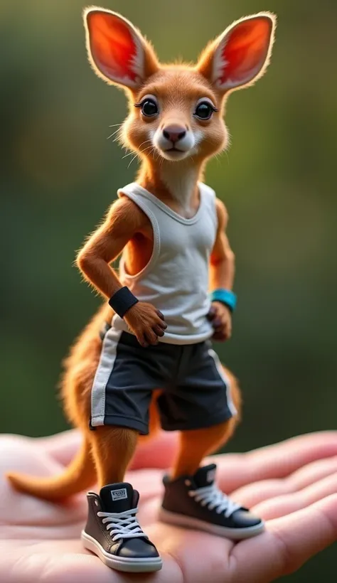 "A tiny kangaroo joey with a lean, muscular body, glowing reddish-brown fur, standing heroically on a hand. The kangaroo wears a sleeveless gym vest, athletic shorts, and high-top sneakers, accessorized with a sporty wristband."