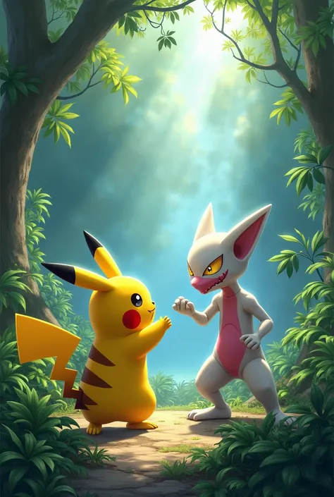 Pikachu win Meotwo in jungle