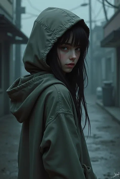 Hoodie girl character looking back