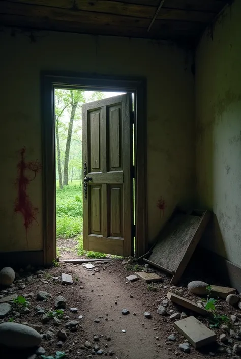 Discovering the Abandoned Hut
An old, broken hut in the middle of the forest. Its door is slightly ajar, and dim, flickering light leaks through the cracks. Inside, the walls are smeared with red stains, and old, dusty objects are scattered on the floor.