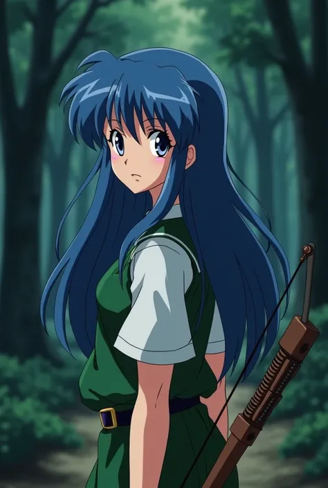  Create the character “Inuyasha” with her back ,  there is a background of a forest that is getting dark ,  next to her is a woman in the green uniform , And white t-shirt , She has a bow in one of her hands ,  and her hair is a little long it is strong bl...