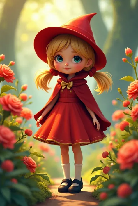 Little Red Riding Hood, yellow hair in pigtails, wearing a red dress, black shoes, white socks, a wide-brimmed red hat, walking in a flower garden