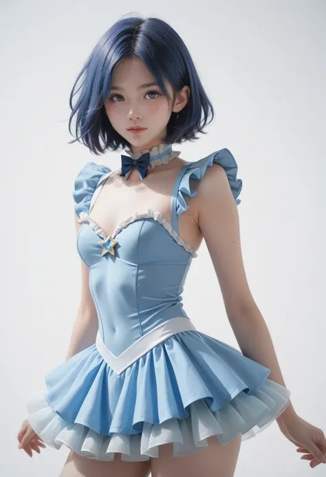 blue berry short hair, parted bangs, blue magical girl costumes,  short ruffle skirt 