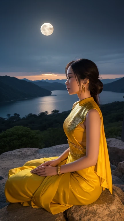 A graceful Thai woman with a perfectly proportioned figure, dressed in an exquisite traditional white Thai outfit adorned with golden trims, sits elegantly, paying respects to a Buddha statue on a cliff. She gazes upon a magnificent nighttime view that inc...