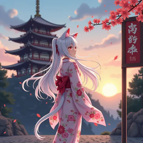 anime illustration featuring a melancholic girl with cat ears, a cat tail and flowing white hair, dressed in a traditional and floral kimono with lots of floral ornaments. She stands before an ancient Chinese pagoda, with traditional Chinese characters on ...