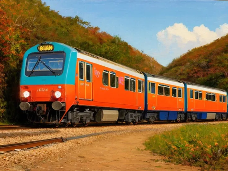  train,Beige, coral, turquoise, orange. 