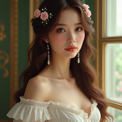 beautiful woman with long brown hair wearing a white victorian dress, she has pink flowers on the hair