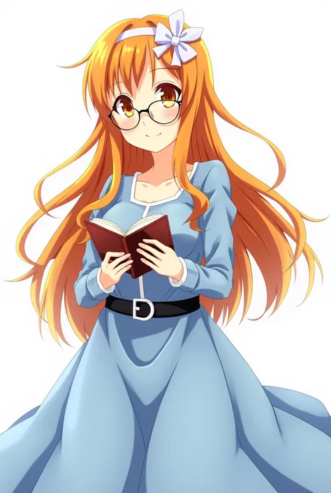 Anime Asuna Yuuki she is wearing a white hairband with a bow she is wearing a blue dress with a belt she has orange hair orange eyes she is wearing glasses and holding a book