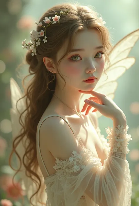 Fancy 1920s vintage fantasy flower coquette fairy pastels, soft, sweet, brown hair, green eyes white skin, lacey