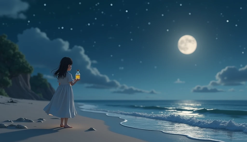 3D animation,  The theme is healing alone
The beach at night，, the heroine wears a white dress ，Walk barefoot on the beach，The waves gently lapped her ankle。 She holds a small bottle in her hand ， with her heart written down 。 The background is an endless ...