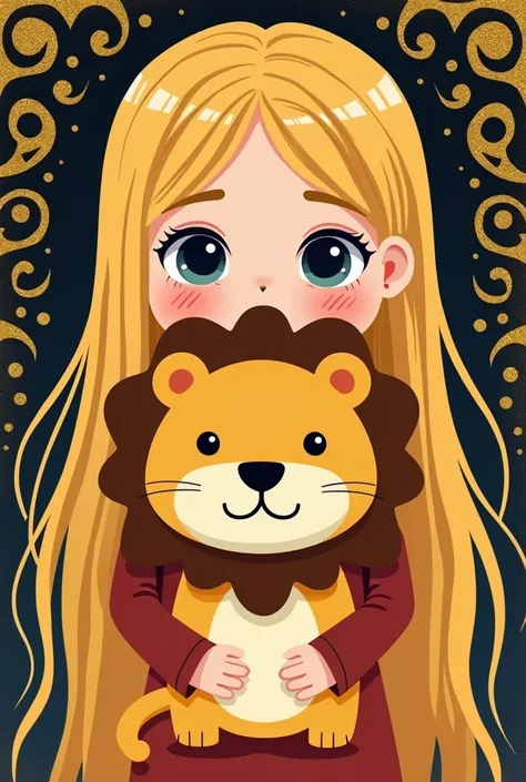  A blonde hair straight long hair Girl . Holding Cute Cartoon Lion Shaped Plush Doll. girl hair very long ., hair extension dissolved into the background , background is tribal totem , background abstract , Gustav Klimt style , low brightness ,Milky color ...