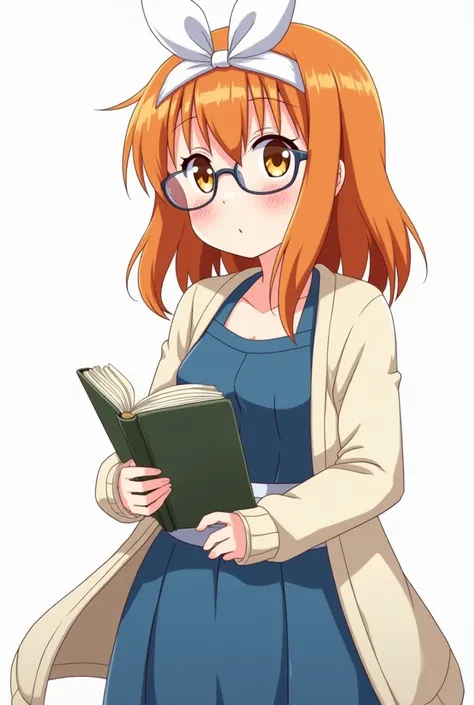  anime Asuna Yuuki she is wearing a white headband with a bow , she is wearing a blue dress with a belt ,  she has orange hair and orange eyes ,  she is wearing glasses and holding a book and a white knit jacket