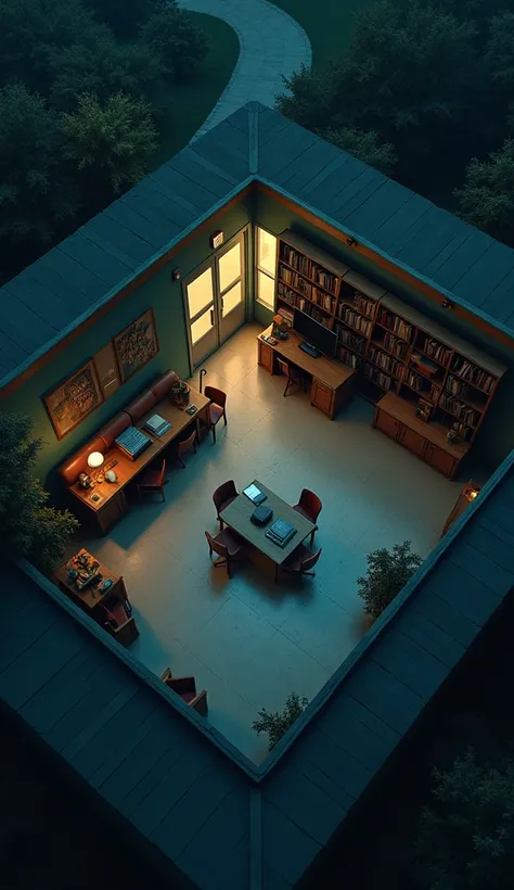  ultra realistic style，16K quality，Aerial shot ， using a blind spot ，绕到Door边Aerial shot 校长办公室，Door，evening， dark room ， scene of the principals office inside the school，室内的Door，sofa，desk、chair，bookshelf