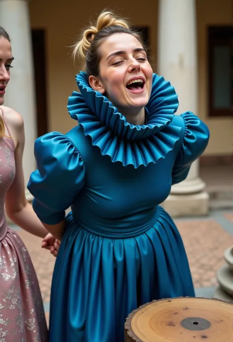 (realistic photograph close up sideways cheerful), (a beautiful looking surprised smiling hot D cup woman having an orgasm with (messy hair bun)), (she is wearing (an exaggerated elaborate shiny blue high neck dress with (huge puff sleeves), (and a narrow ...