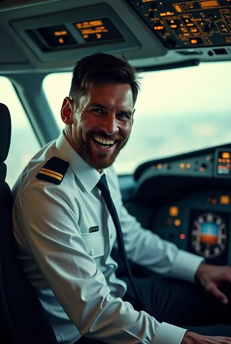 Messi as a pilot in cockpit of emirates plane with an evil smile