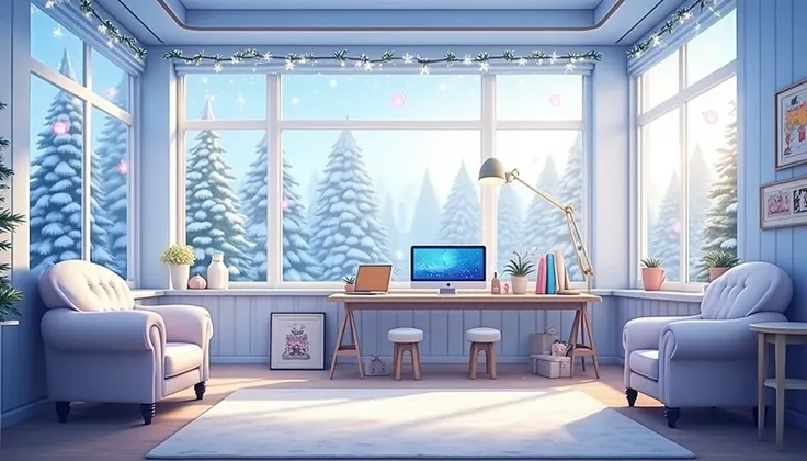 The 、Scene incorporating a cute Christmas atmosphere 。The room has a large window.、 scenes incorporating a Christmas atmosphere 。 Sparkling Christmas trees and cute illuminations are displayed outside、 There is a sense of excitement in the holiday season 。...